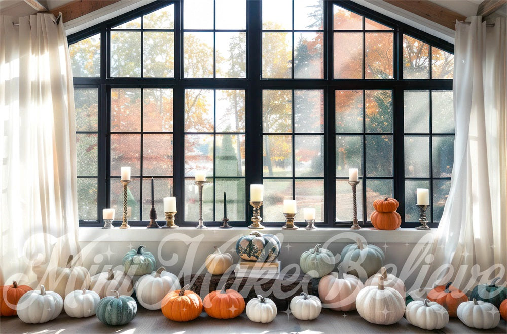 Kate Automne Intérieur Fenêtre Rideau Citrouilles Toile de fond conçue par Mini MakeBelieve - Kate Backdrop FR