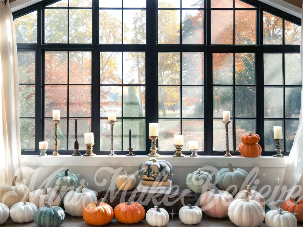 Kate Automne Intérieur Fenêtre Rideau Citrouilles Toile de fond conçue par Mini MakeBelieve - Kate Backdrop FR