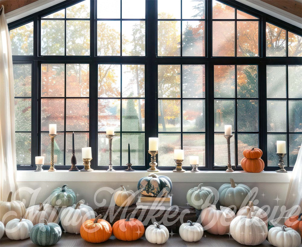 Kate Automne Intérieur Fenêtre Rideau Citrouilles Toile de fond conçue par Mini MakeBelieve - Kate Backdrop FR