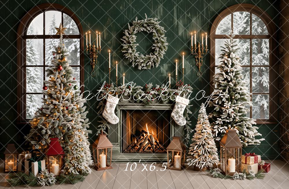 Kate Sapin de Noël Vert Rétro Cheminée Fenêtre Toile de fond conçue par Emetselch