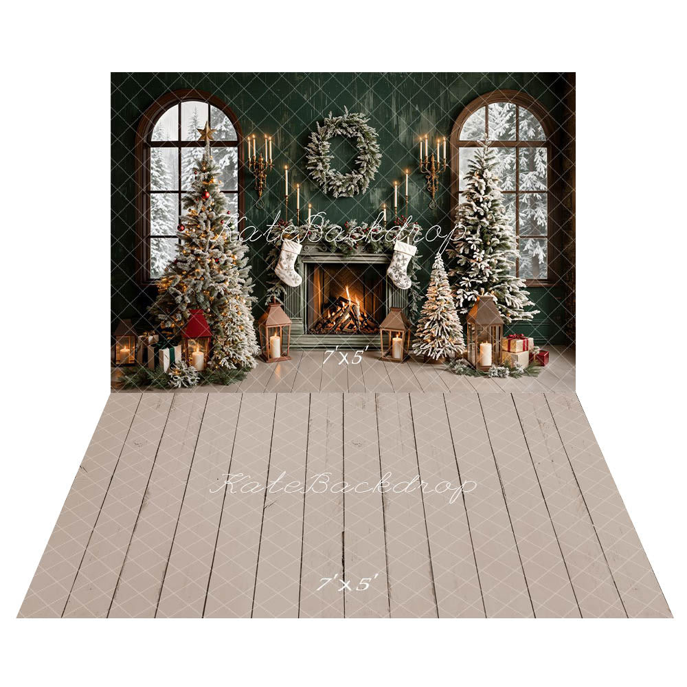 Kate Sapin de Noël Rétro Cheminée Fenêtre Toile de fond+Bois Beige Sol Toile de fond - Kate Backdrop FR