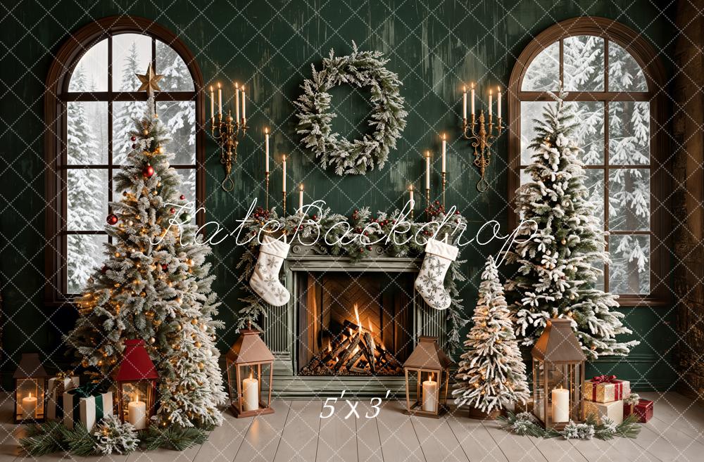 Kate Sapin de Noël Vert Rétro Cheminée Fenêtre Toile de fond conçue par Emetselch