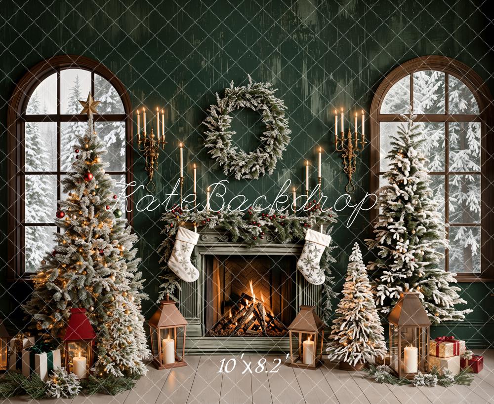Kate Sapin de Noël Vert Rétro Cheminée Fenêtre Toile de fond conçue par Emetselch