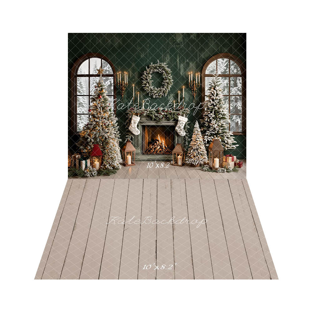 Kate Sapin de Noël Rétro Cheminée Fenêtre Toile de fond+Bois Beige Sol Toile de fond - Kate Backdrop FR
