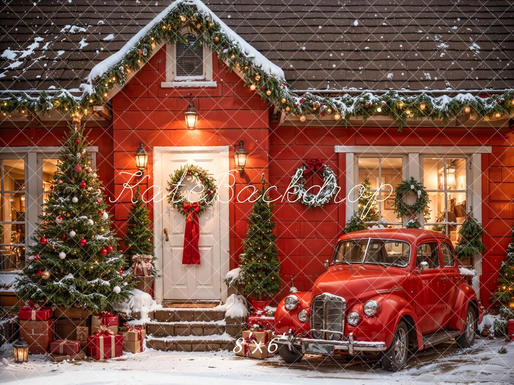 Kate Noël Extérieur Maison Voiture Rouge Toile de fond conçue par Emetselch - Kate Backdrop FR