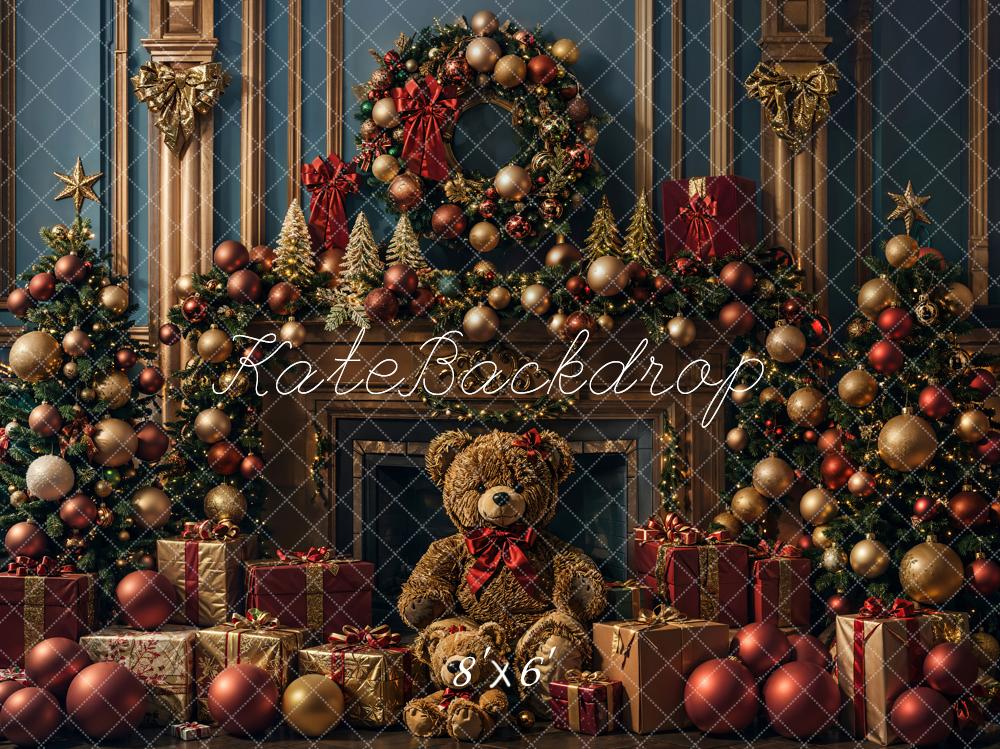 Kate Noël Ours en peluche Doré foncé Cheminée Toile de fond conçue par Emetselch - Kate Backdrop FR