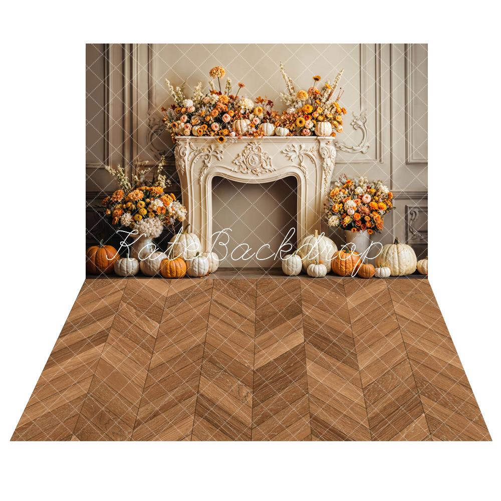 Kate Automne Citrouille Cheminée Florale Rétro Toile de fond+Brun Parquet à chevrons Sol Toile de fond - Kate Backdrop FR
