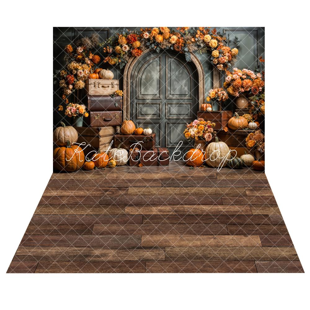 Kate Automne Fleurs Citrouille Porte Valises Toile de fond+Brun Plancher en bois Rayé Sol Toile de fond - Kate Backdrop FR