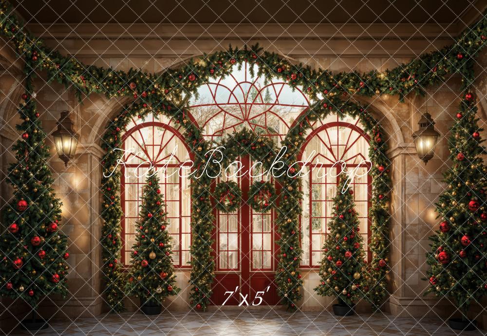 Kate Sapin de Noël Porte rouge Lumières Toile de fond conçue par Emetselch - Kate Backdrop FR