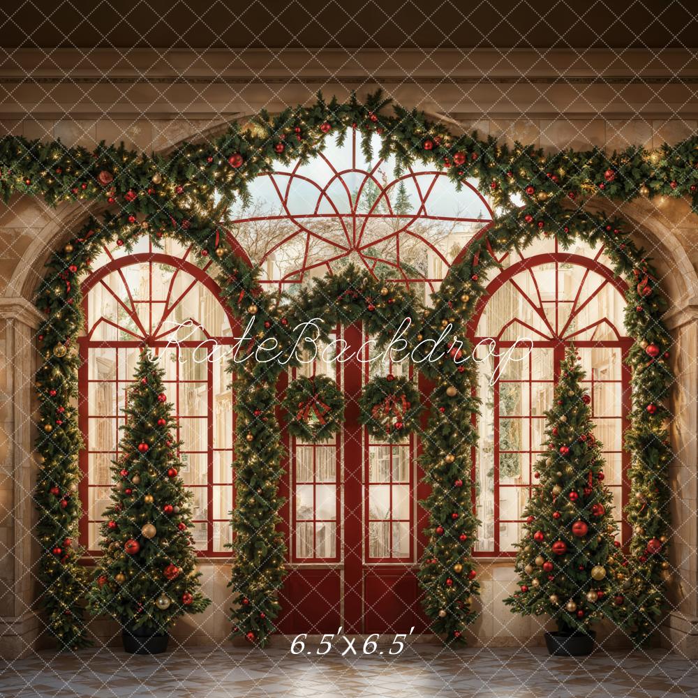 Kate Sapin de Noël Porte rouge Lumières Toile de fond conçue par Emetselch - Kate Backdrop FR