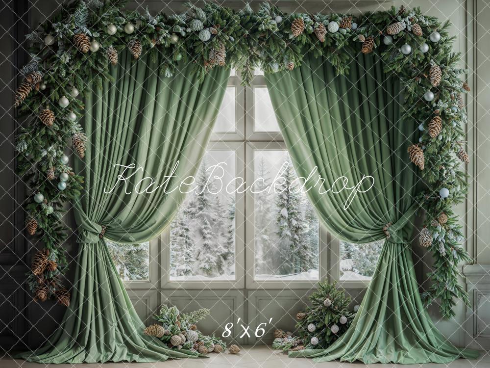 GROUPE VIP - Kate Hiver Noël Rideau Vert Fenêtre Intérieur Toile de fond conçue par Emetselch - Kate Backdrop FR