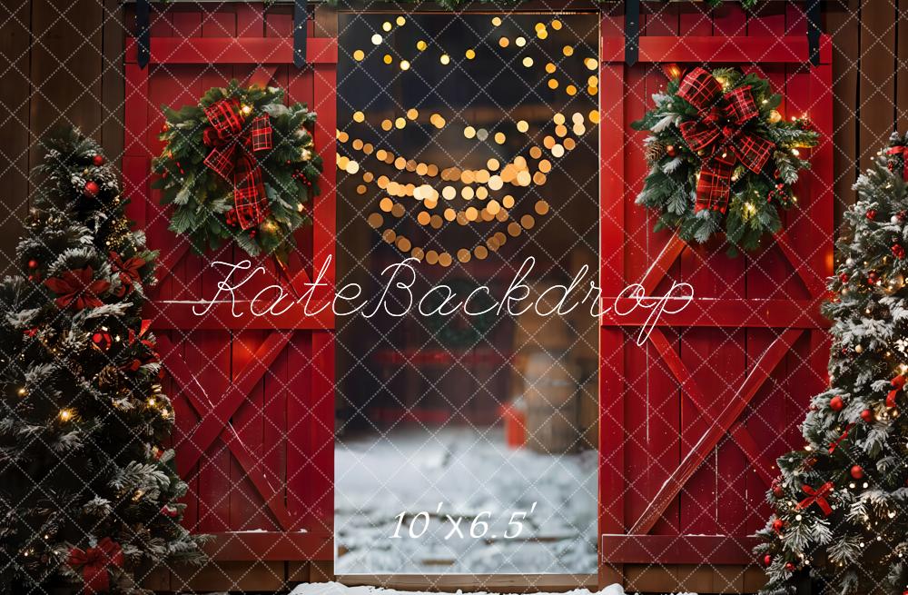 Kate Noël Nuit Rouge Porte de grange Neige Toile de fond conçue par Emetselch - Kate Backdrop FR
