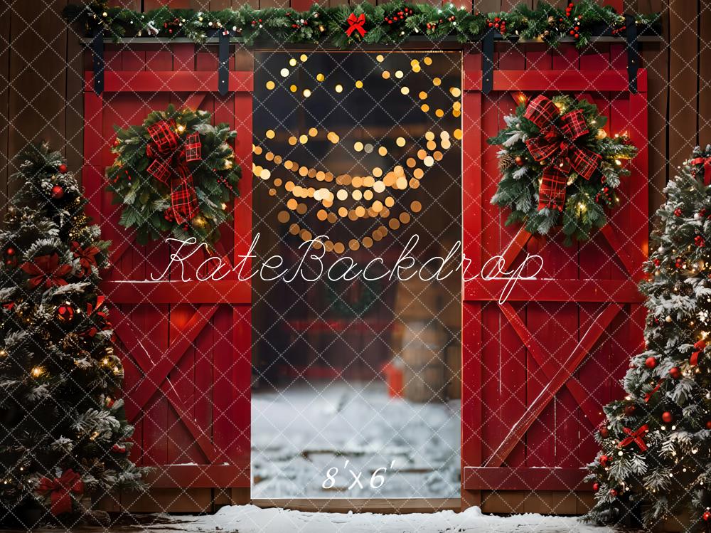 Kate Noël Nuit Rouge Porte de grange Neige Toile de fond conçue par Emetselch - Kate Backdrop FR