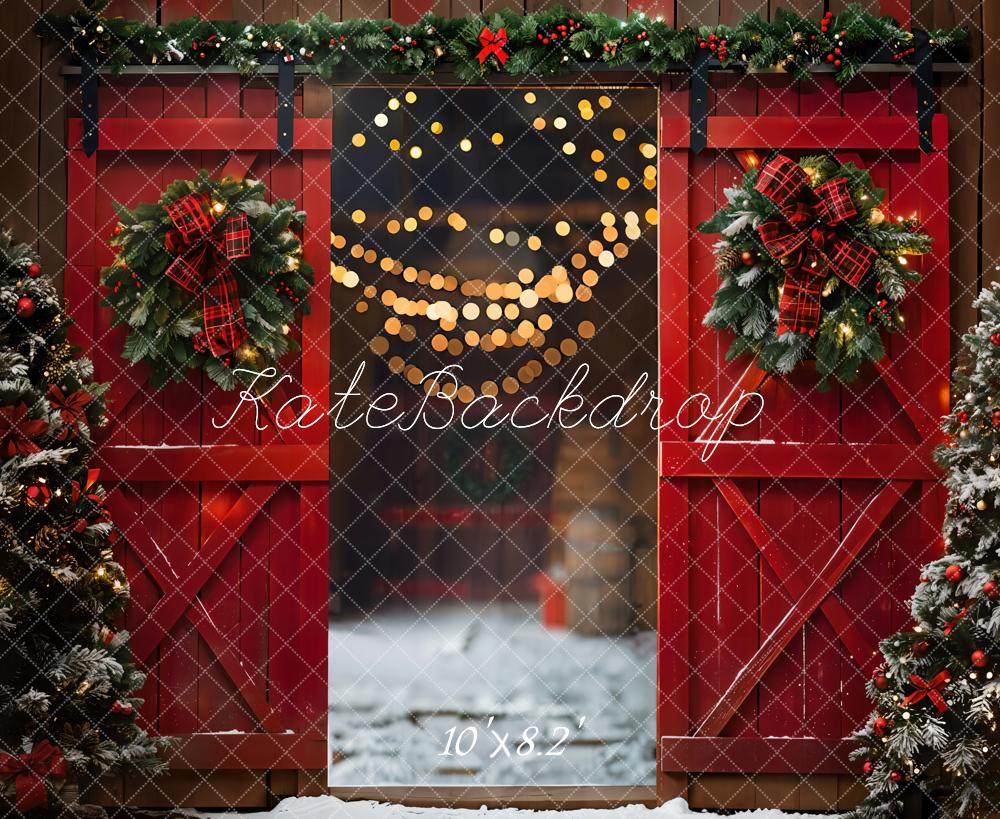 Kate Noël Nuit Rouge Porte de grange Neige Toile de fond conçue par Emetselch - Kate Backdrop FR