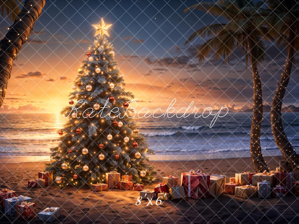Kate Sapin de Noël Mer Plage Coucher de soleil Toile de fond conçue par Emetselch - Kate Backdrop FR