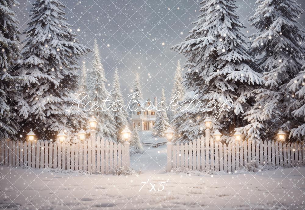 Kate Hiver Noël Forêt Blanc Clôture Maison Toile de fond conçue par Emetselch - Kate Backdrop FR