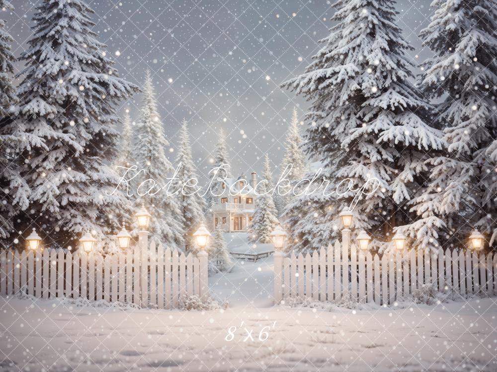 Kate Hiver Noël Forêt Blanc Clôture Maison Toile de fond conçue par Emetselch - Kate Backdrop FR