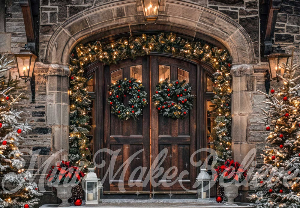 Kate Château Extérieur Noël Porte Mur de pierre Toile de fond conçue par Mini MakeBelieve - Kate Backdrop FR