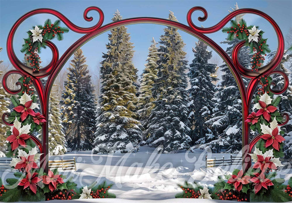 Kate Noël Orné Porte Rouge Hiver Neige Forêt Toile de fond conçue par Mini MakeBelieve - Kate Backdrop FR