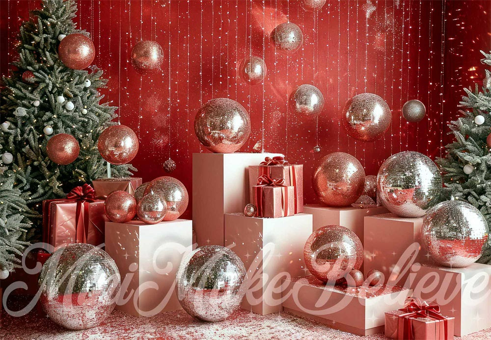 Kate Disco Noël Rétro Décor Argent Mur rouge Toile de fond conçue par Mini MakeBelieve - Kate Backdrop FR