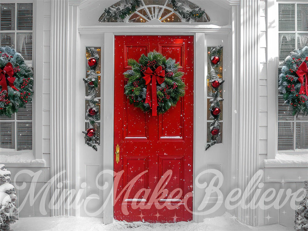 Kate Noël Extérieur Neige Porte rouge Hiver Toile de fond conçue par Mini MakeBelieve - Kate Backdrop FR