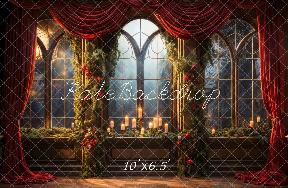 Kate Noël Rideau rouge Bougies Fenêtre Intérieur Toile de fond conçue par Emetselch - Kate Backdrop FR