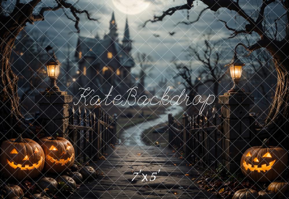 Kate Halloween Forêt Pont de bois Château Sombre Toile de fond conçue par Emetselch