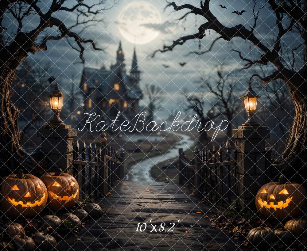 Kate Halloween Forêt Pont de bois Château Sombre Toile de fond conçue par Emetselch