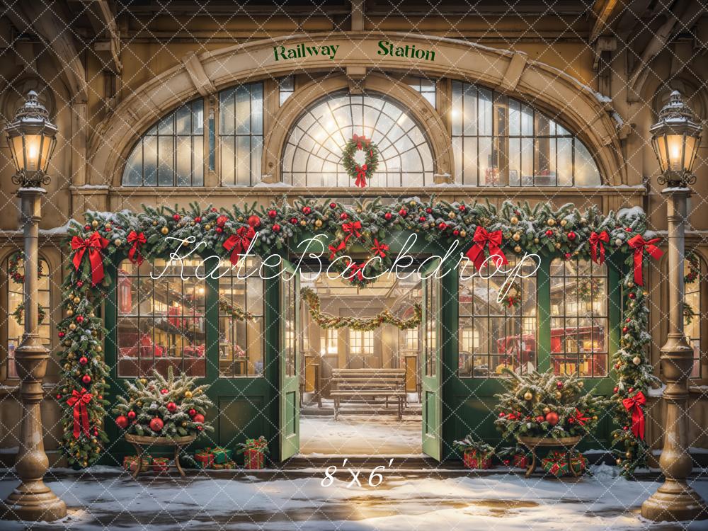 Kate Noël Rétro Gare Porte Lumières Neige Toile de fond conçue par Emetselch - Kate Backdrop FR