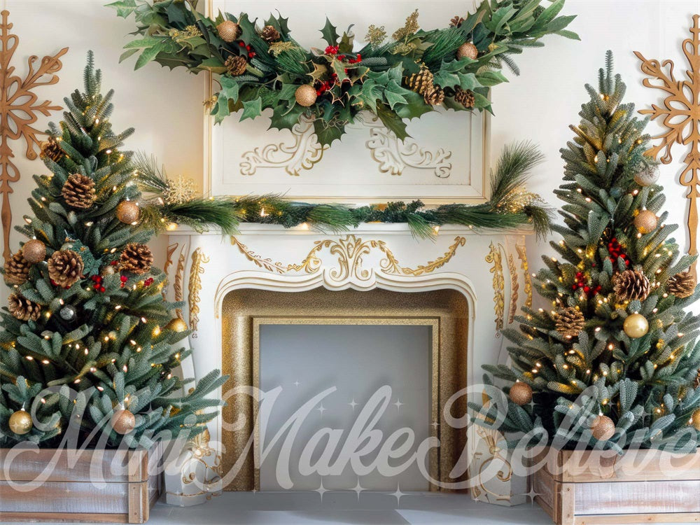 Kate Sapin de Noël Cheminée dorée Blanc Vintage Toile de fond conçue par Mini MakeBelieve - Kate Backdrop FR