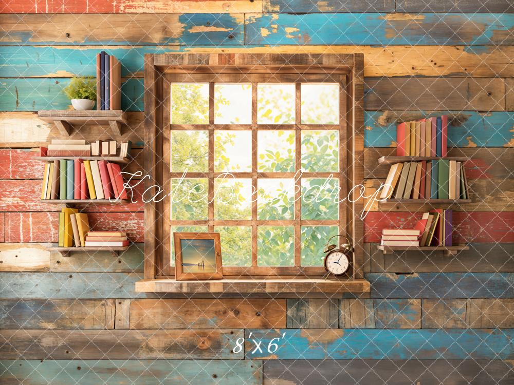Kate Retour à l'école Fenêtre Mur en bois Coloré Toile de fond conçue par Chain Photographie - Kate Backdrop FR