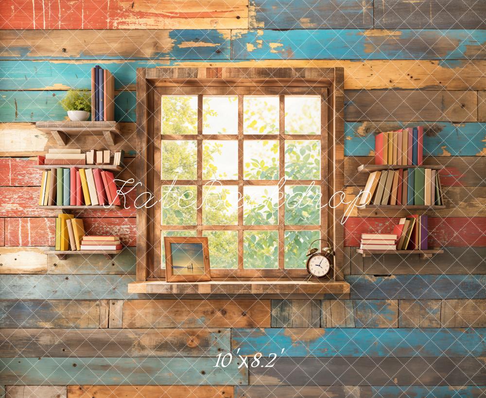 Kate Retour à l'école Fenêtre Mur en bois Coloré Toile de fond conçue par Chain Photographie - Kate Backdrop FR
