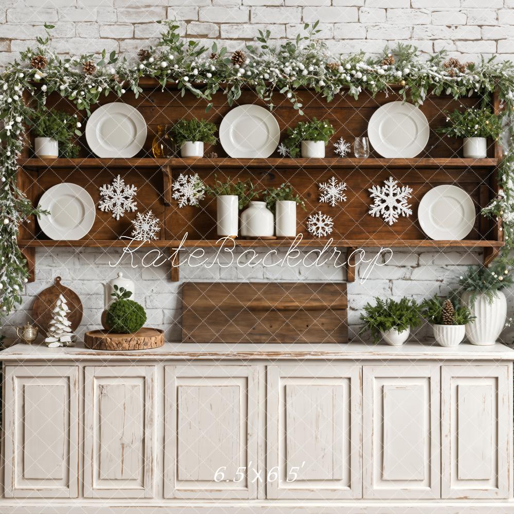 Kate Noël Blanc Cuisine Rétro Mur de briques Toile de fond conçue par Emetselch - Kate Backdrop FR