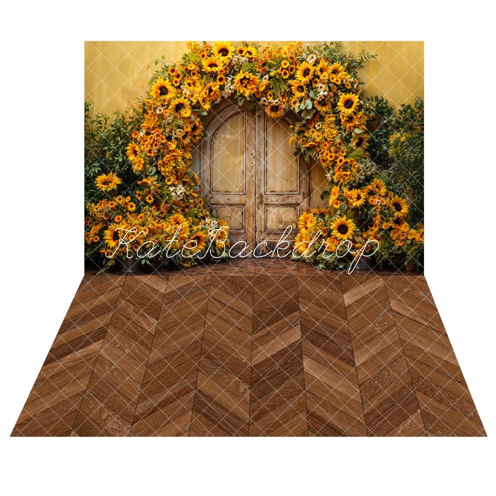 Kate Automne Arche de Tournesol Porte Toile de fond+Brun Parquet à chevrons Sol Toile de fond - Kate Backdrop FR