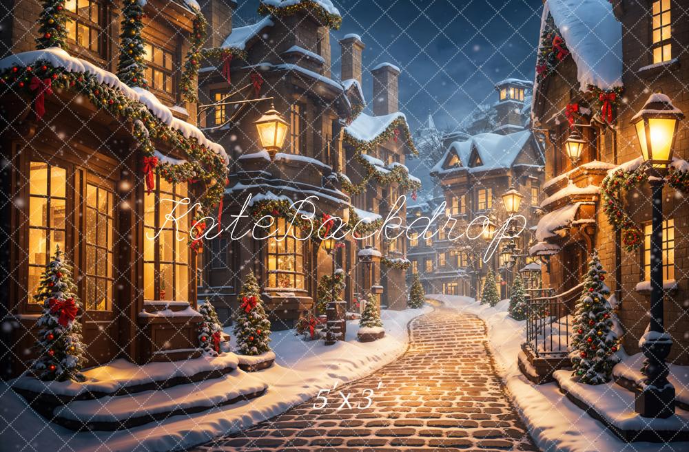 Kate Noël Hiver Nuit Rue Magasins Neige Toile de fond conçue par Emetselch - Kate Backdrop FR