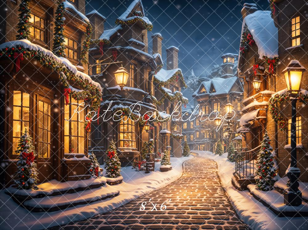 Kate Noël Hiver Nuit Rue Magasins Neige Toile de fond conçue par Emetselch - Kate Backdrop FR