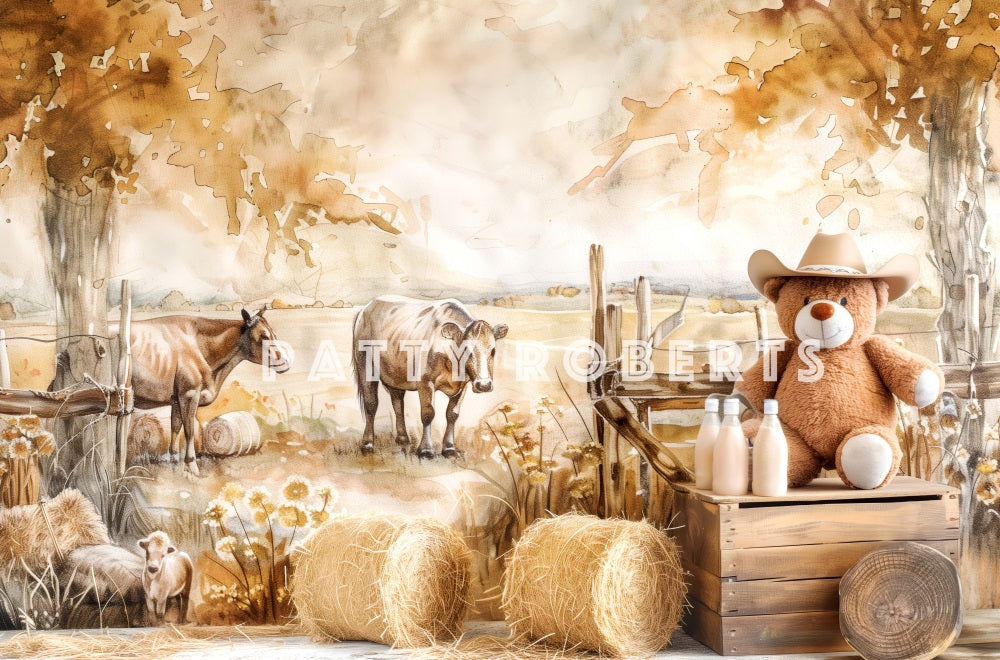 Kate Ferme Lait Bœuf Ours Cake smash Beige Toile de fond conçue par Patty Robert - Kate Backdrop FR