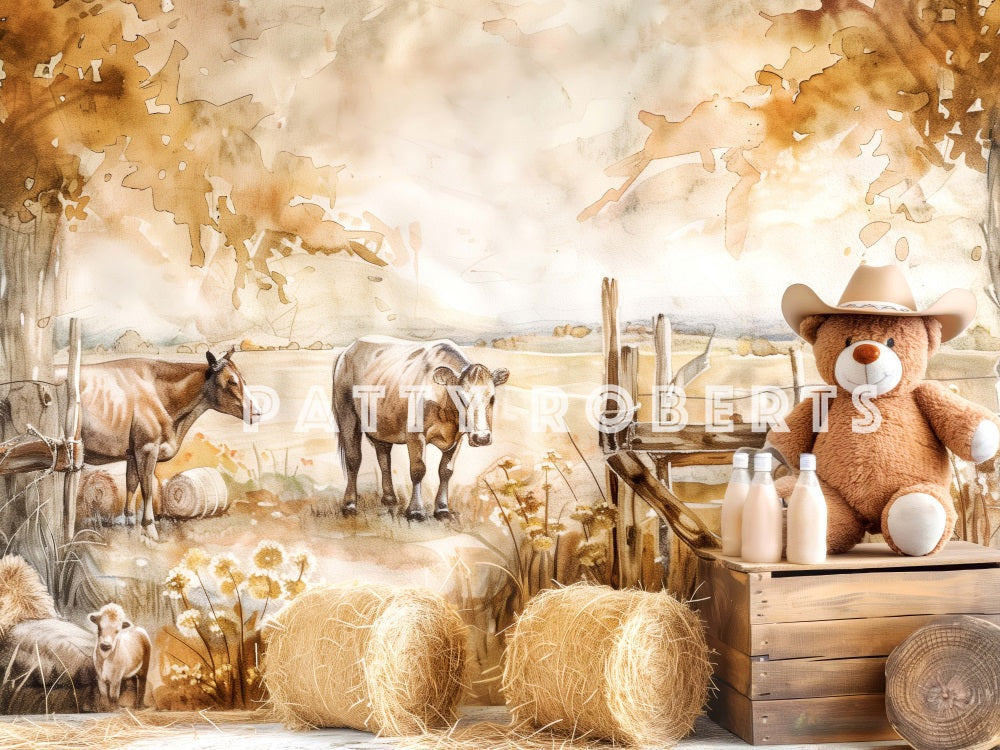 Kate Ferme Lait Bœuf Ours Cake smash Beige Toile de fond conçue par Patty Robert - Kate Backdrop FR