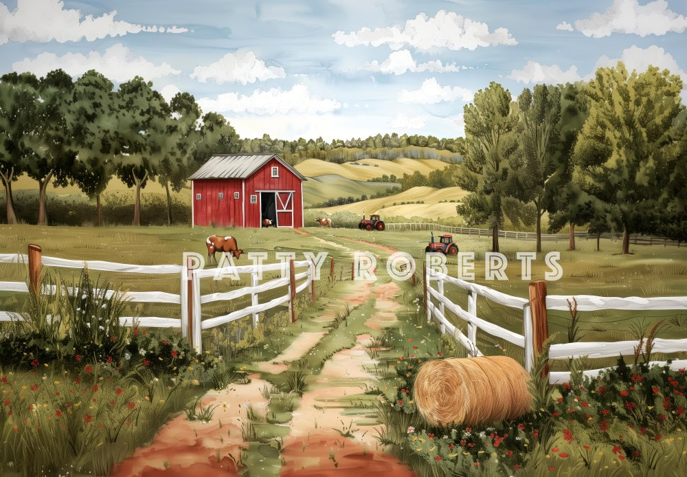Kate Été Extérieur Ferme Maison Rouge Toile de fond conçue par Patty Roberts