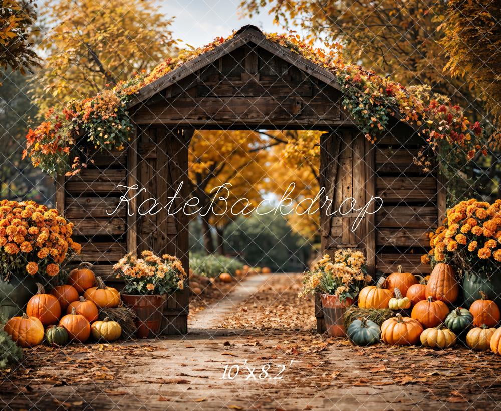 Kate Automne Forêt Citrouille Grange Porte Toile de fond conçue par Emetselch - Kate Backdrop FR