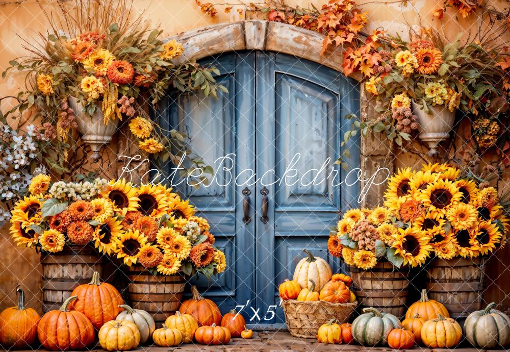 Kate Bohème Tournesol Citrouille Porte bleue Toile de fond conçue par Emetselch - Kate Backdrop FR