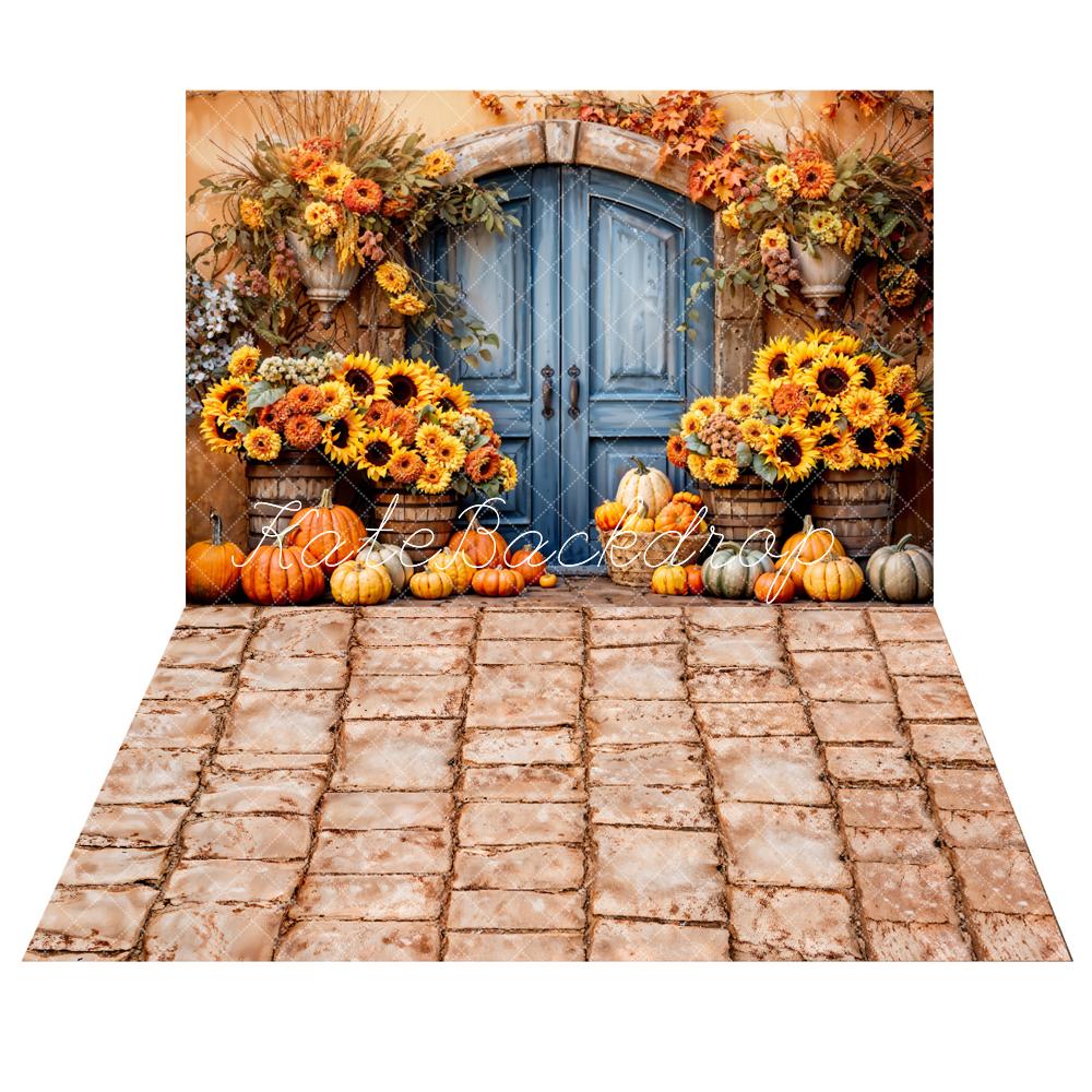 Offres Éclair-Kate Bohème Tournesol Citrouille Porte bleue Toile de fond+Beige foncé Chemin Sol Toile de fond - Kate Backdrop FR