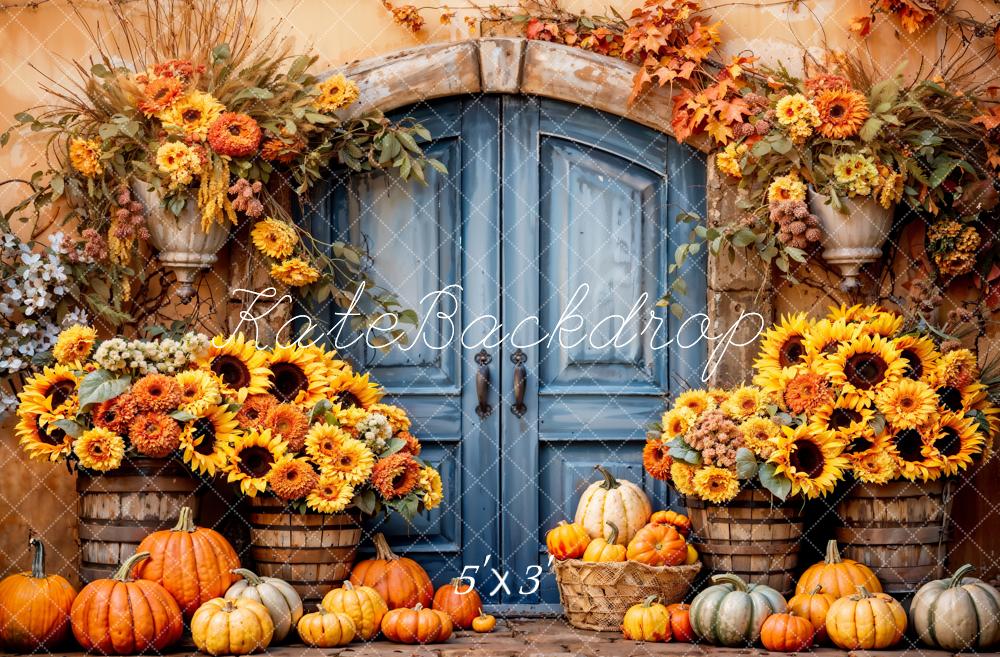 Kate Bohème Tournesol Citrouille Porte bleue Toile de fond conçue par Emetselch - Kate Backdrop FR