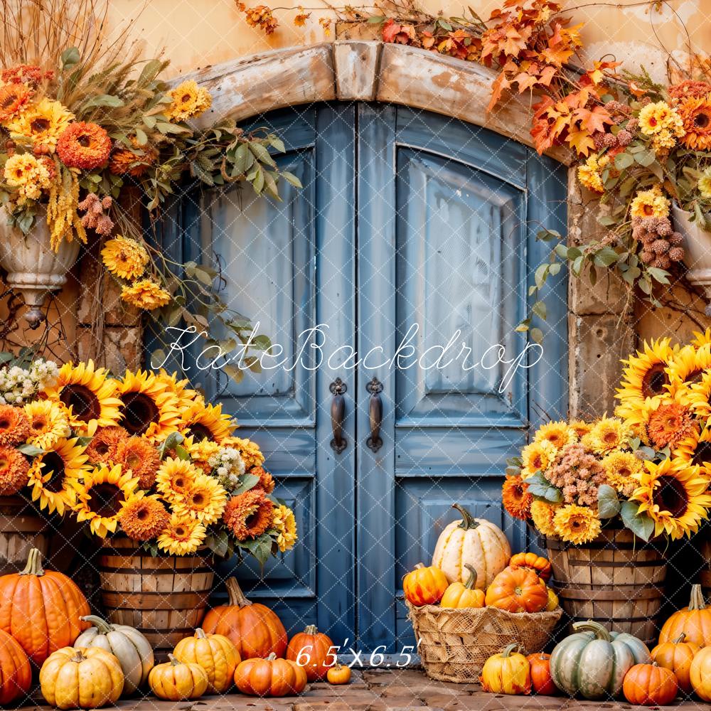 Kate Bohème Tournesol Citrouille Porte bleue Toile de fond conçue par Emetselch - Kate Backdrop FR