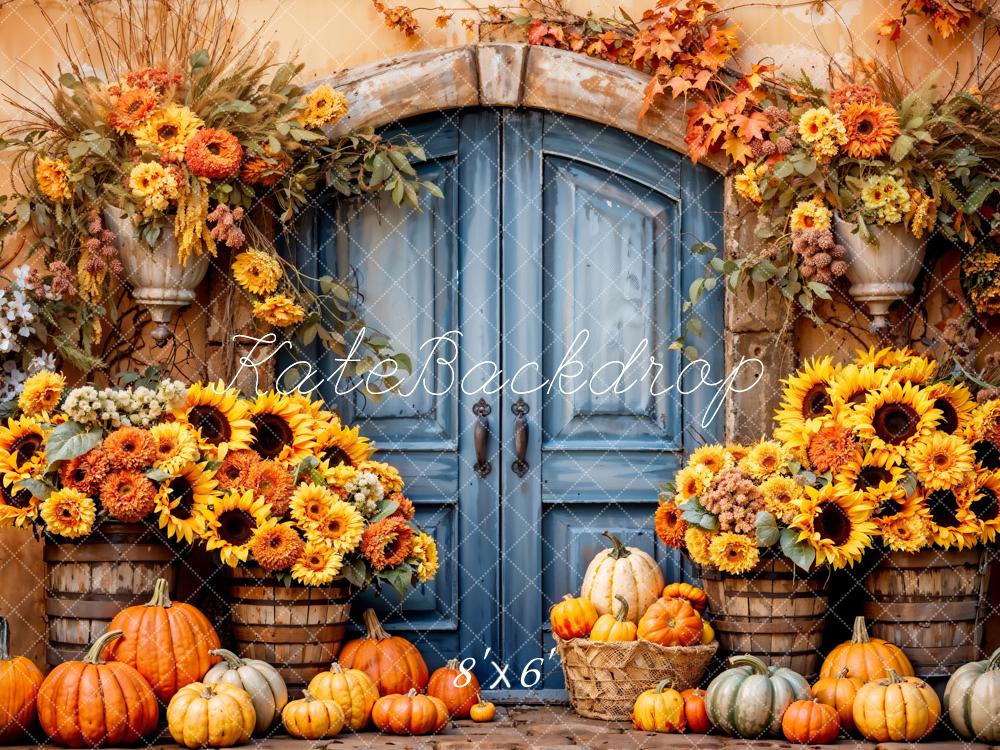 Kate Bohème Tournesol Citrouille Porte bleue Toile de fond conçue par Emetselch - Kate Backdrop FR