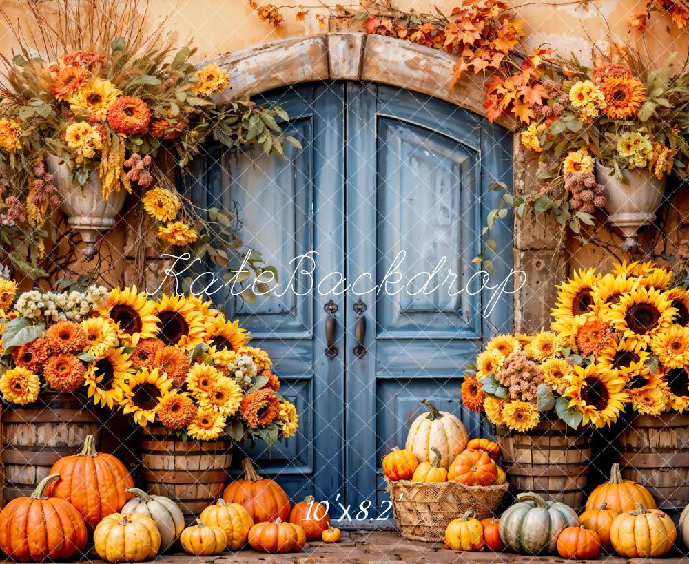 Kate Bohème Tournesol Citrouille Porte bleue Toile de fond conçue par Emetselch - Kate Backdrop FR