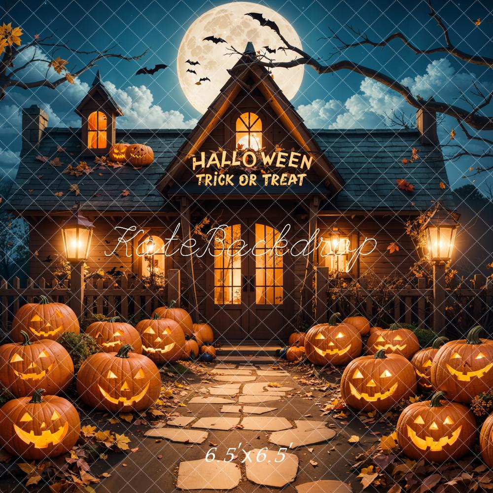 Kate Halloween Extérieur Forêt Citrouille Chalet Toile de fond conçue par Emetselch - Kate Backdrop FR