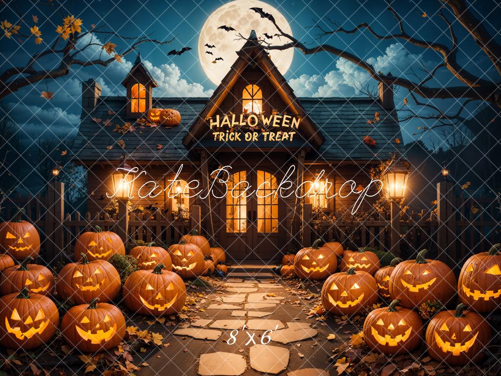 Kate Halloween Extérieur Forêt Citrouille Chalet Toile de fond conçue par Emetselch - Kate Backdrop FR