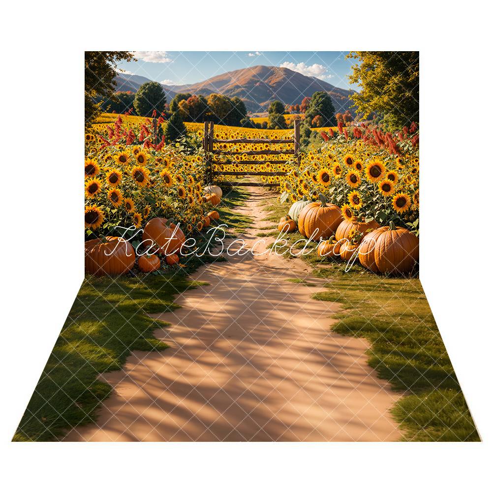 Kate Automne Tournesol Champ Citrouilles Ferme Toile de fond+Forêt Ombre Prairie Chemin Sol Toile de fond - Kate Backdrop FR