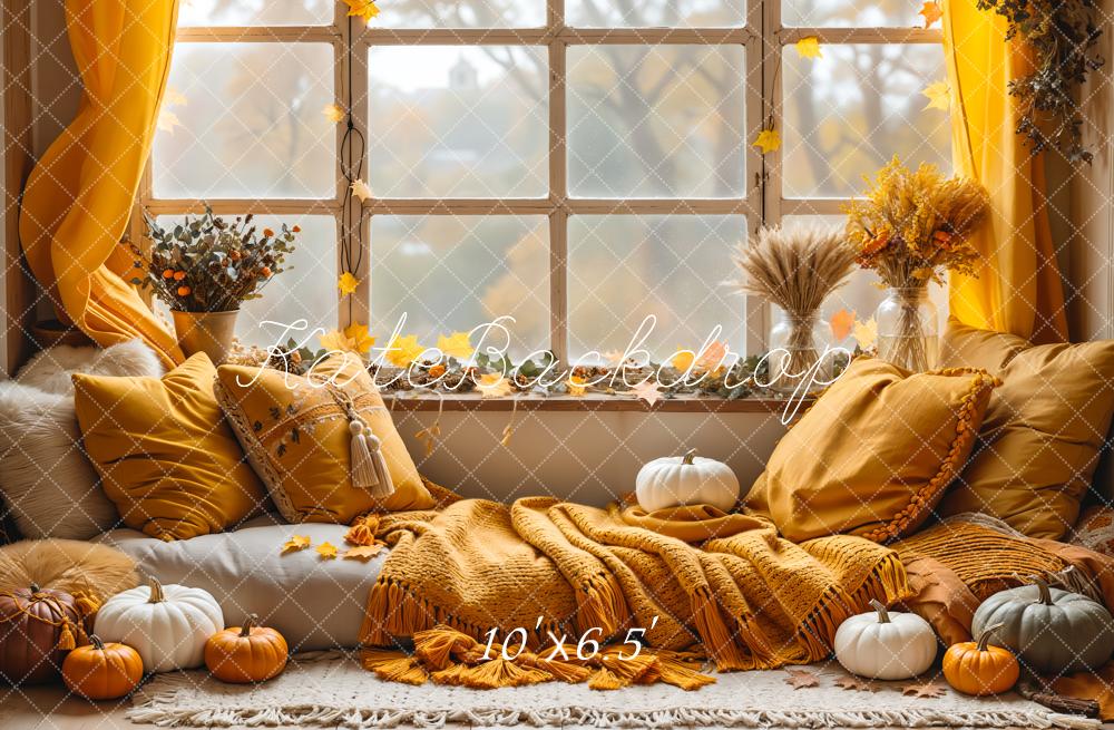 Offres Éclair Kate Automne Oreiller Citrouille Fenêtre Boho Toile de fond conçue par Emetselch - Kate Backdrop FR